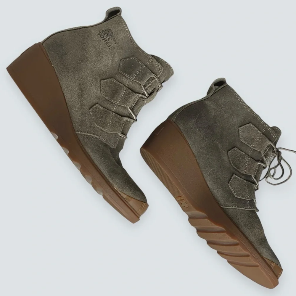 Sorel Wedges in Taupe Suede with Gum Soles